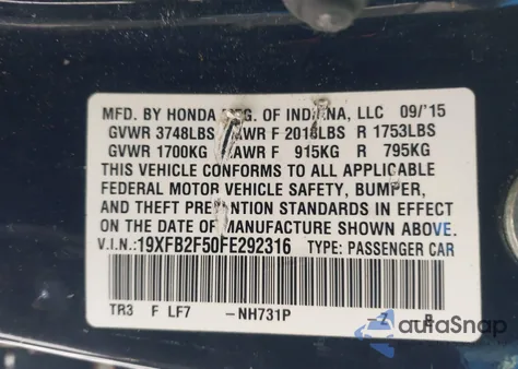 2015 Honda Civic Lx z USA, uszkodzony, nr VIN 19XFB2F50FE292316